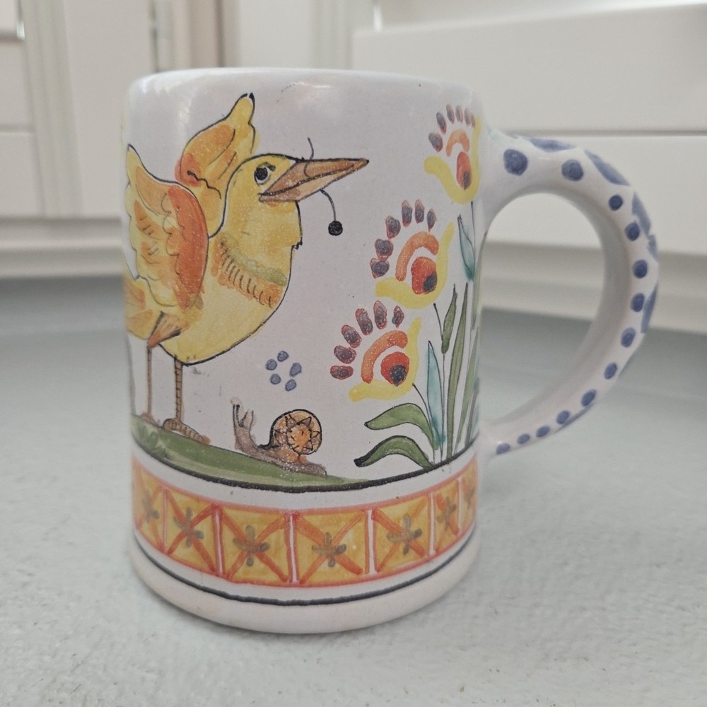 Vintage‎ Hand painted Ceramic Large Mug Dragonfly Birds Flowers
